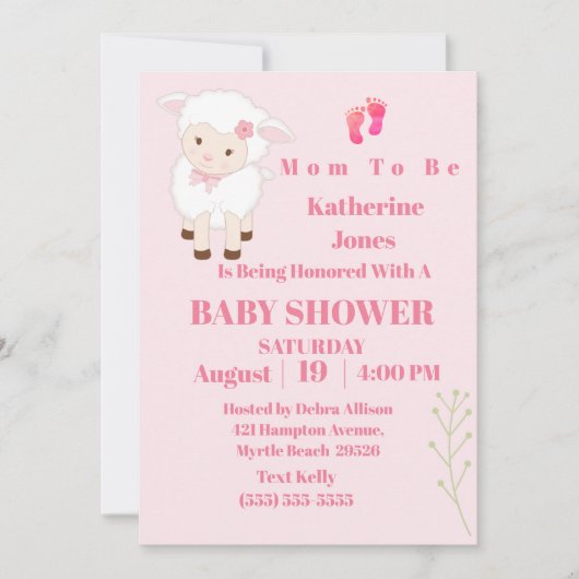Niedliches, modernes Lamb Baby Girl Einladung (Vorderseite)