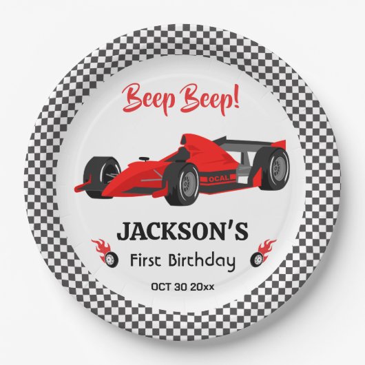 Niedliches modernes Red Racing Car 1. Party Pappteller (Vorderseite)