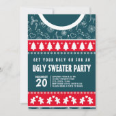 Niedliches modernes Rot und Blau Ugly Sweater Xmas Einladung (Vorderseite)