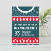 Niedliches modernes Rot und Blau Ugly Sweater Xmas Einladung (Stehend Vorderseite)
