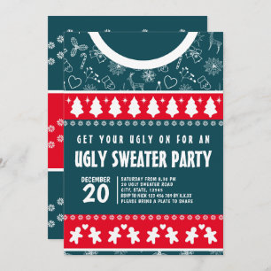 Niedliches modernes Rot und Blau Ugly Sweater Xmas Einladung