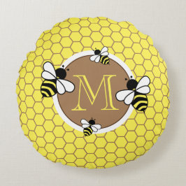 Niedliches Monogram Bees Honeycomb Muster Kinderzi Rundes Kissen