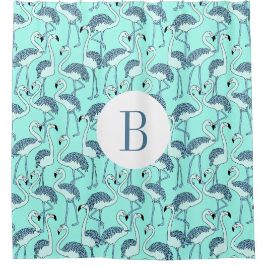 Niedliches Monogram Blue Flamingos Muster Duschvorhang (Vorderseite)