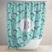 Niedliches Monogram Blue Flamingos Muster Duschvorhang