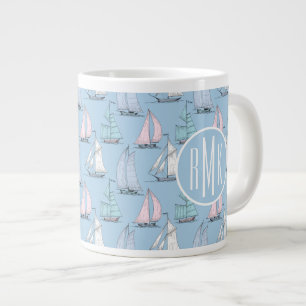 Niedliches Monogramm des Segelboot-Muster-  Jumbo-Tasse