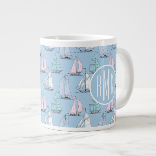 Niedliches Monogramm des Segelboot-Muster-| Jumbo-Tasse (Vorderseite Rechts)