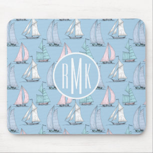 Niedliches Monogramm des Segelboot-Muster-  Mousepad