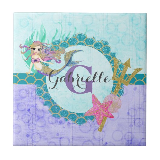 Niedliches Monogramm Mermaid Aquamarin und Lila Fliese (Vorderseite)
