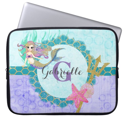 Niedliches Monogramm Mermaid Aquamarin und Lila Laptopschutzhülle (Vorderseite)