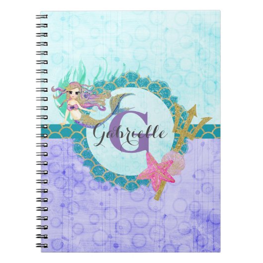 Niedliches Monogramm Mermaid Aquamarin und Lila Notizblock (Vorderseite)