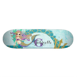Niedliches Monogramm Mermaid Aquamarin und Lila Skateboard