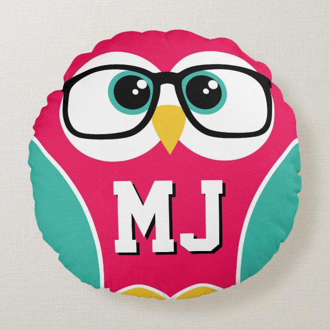 Niedliches Monogramm Owl mit Brille Rundkissen Rundes Kissen (Vorderseite)