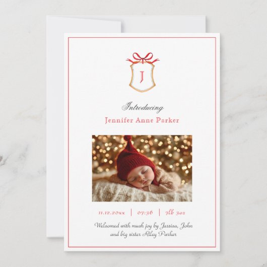 Niedliches Monogramm Wappen und Bugweihnachtsgebur Ankündigung (Vorderseite)