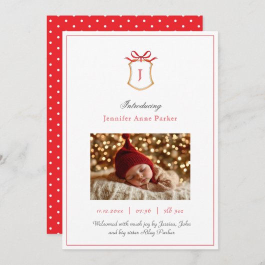 Niedliches Monogramm Wappen und Bugweihnachtsgebur Ankündigung (Vorne/Hinten)