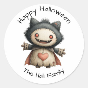 Niedliches Monster mit "Happy Halloween" & Name Runder Aufkleber