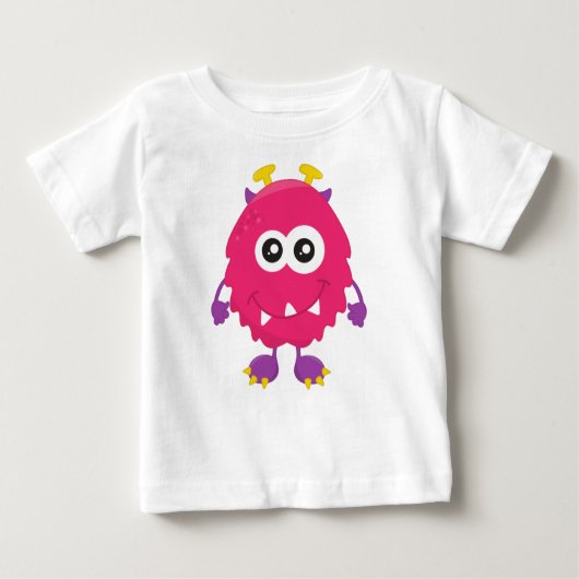 Niedliches Monster, rosa Monster, Hörner, lustiges Baby T-shirt (Vorderseite)