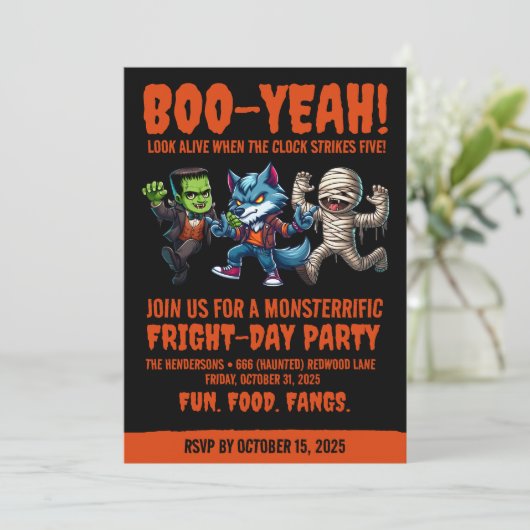Niedliches Monsterrific Fright Day Halloween-Party Einladung (Stehend Vorderseite)