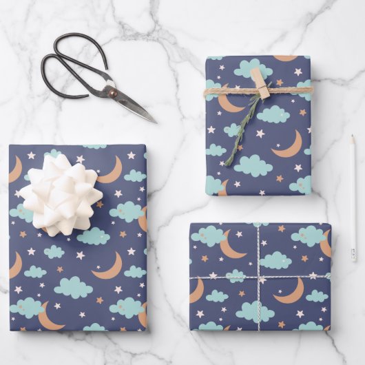 Niedliches Moon Star Cloud-Muster Geschenkpapier Set (Vorderseite)