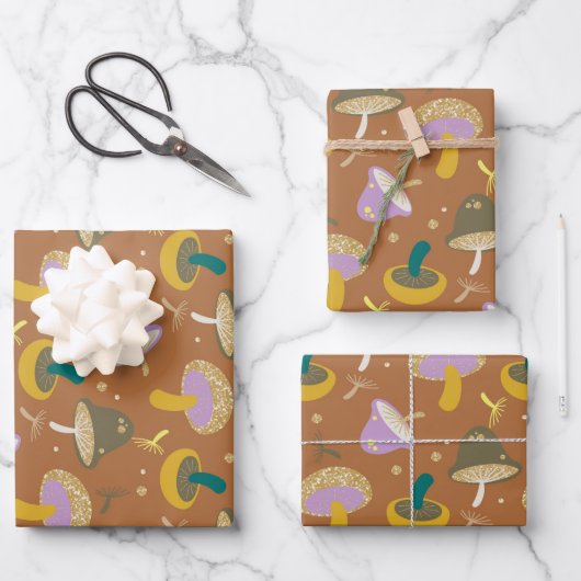Niedliches Mushroom-Muster Herbst Gold Glitzer Geschenkpapier Set (Vorderseite)