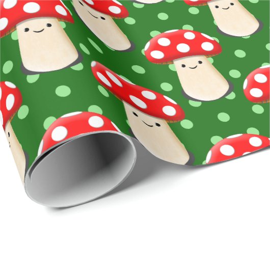 Niedliches Mushroom Zeichne Green Polka Dot Muster Geschenkpapier (Rolleneckpunkt)