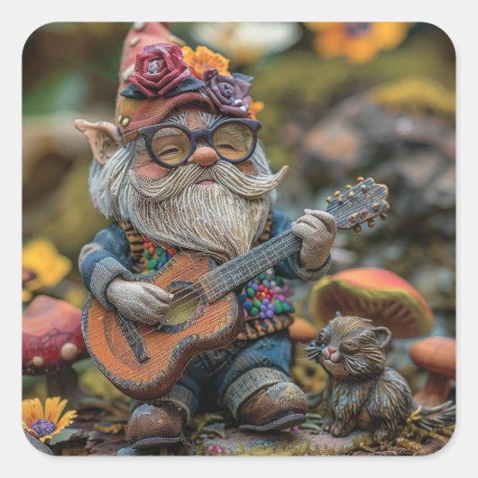 Niedliches musikalisches Gnome, das Gitarre spielt Quadratischer Aufkleber (Vorderseite)