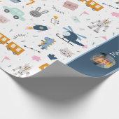 Niedliches Muster Foto und Name Boy Blue Geschenkpapier (Ecke)