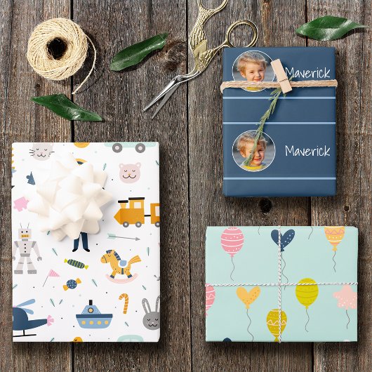 Niedliches Muster Foto und Name Boy Blue Geschenkpapier Set