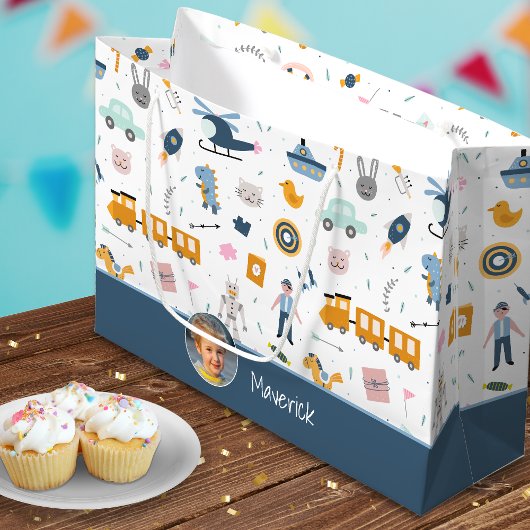 Niedliches Muster Foto und Name Boy Blue Große Geschenktüte