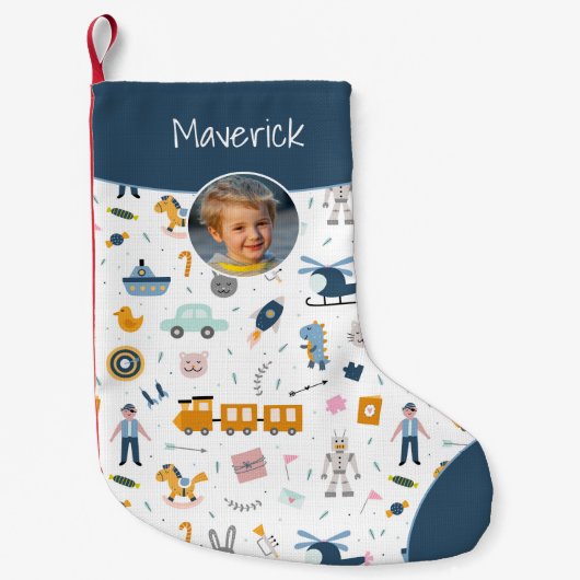 Niedliches Muster Foto und Name Boy Blue Kleiner Weihnachtsstrumpf (Vorderseite)