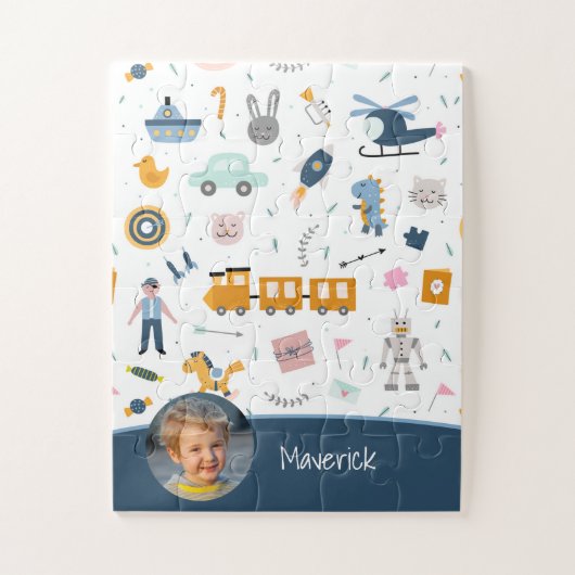 Niedliches Muster Foto und Name Boy Blue Puzzle (Vertikal)