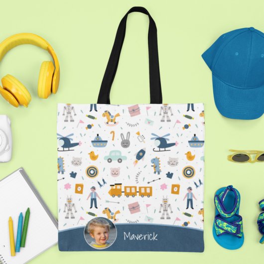 Niedliches Muster Foto und Name Boy Blue Shopping Tasche