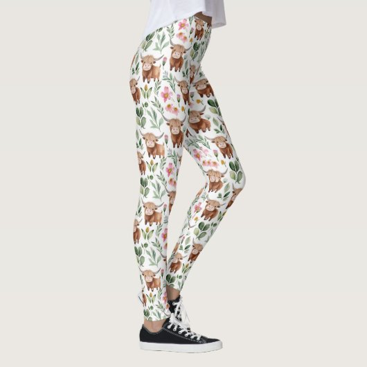 Niedliches Muster für Kühe und rosa Blume Leggings (Rechts)