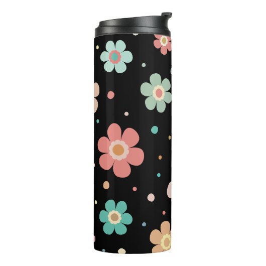 Niedliches Muster für mehrfarbige Blume auf schwar Thermosbecher (Nach links gedreht)