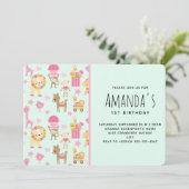 Niedliches Muster mit glücklichen Tieren und Spiel Einladung (Stehend Vorderseite)