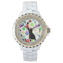 Niedliches Muster mit Katze, die einen Schmetterli Armbanduhr