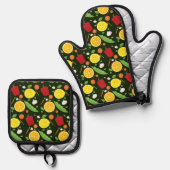 Niedliches Muster Obst Gemüse Lebensmittel Ofenhandschuh & Topflappen-Set (Vorderseite/Rückseite)