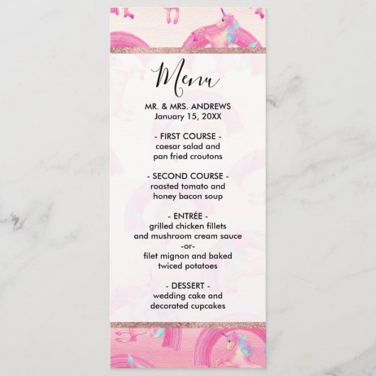 Niedliches Mythisches Rosa Einhorn Regenbogen Wass Menükarte (Vorderseite)