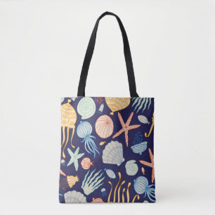 Niedliches nahtloses Muster mit Quallen, Muscheln, Tasche