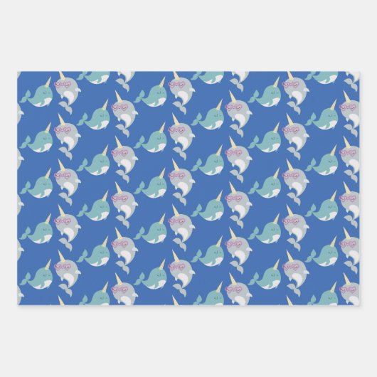 Niedliches Narwhal Whimsical Cartoon Muster in Bla Geschenkpapier Set (Vorderseite)