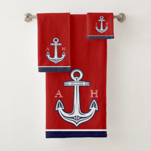 Niedliches Nautic Anchor Bad Red White Navy Blau Badhandtuch Set
