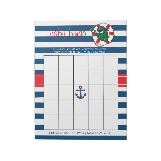 Niedliches Nautical Alligator Baby Dusche Bingo Sp Notizblock (Rotiert)