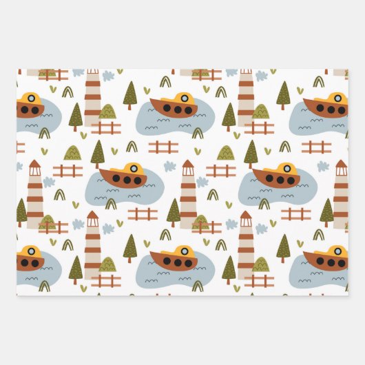 Niedliches Nautical Lighthouse Boat Kid Muster Par Geschenkpapier Set (Vorderseite 3)