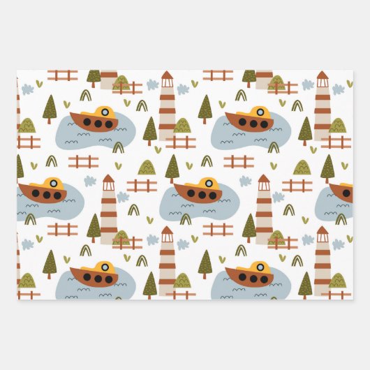 Niedliches Nautical Lighthouse Boat Kid Muster Par Geschenkpapier Set (Vorderseite)