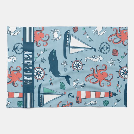 Niedliches Nautical Pattern Baby Blue Background Geschirrtuch (Horizontal)