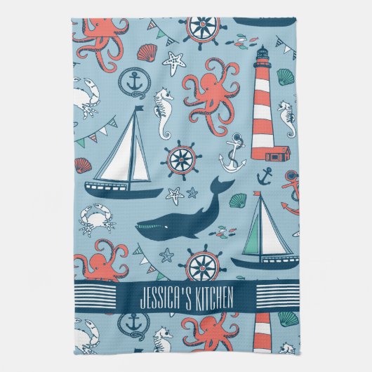 Niedliches Nautical Pattern Baby Blue Background Geschirrtuch (Vertikal)