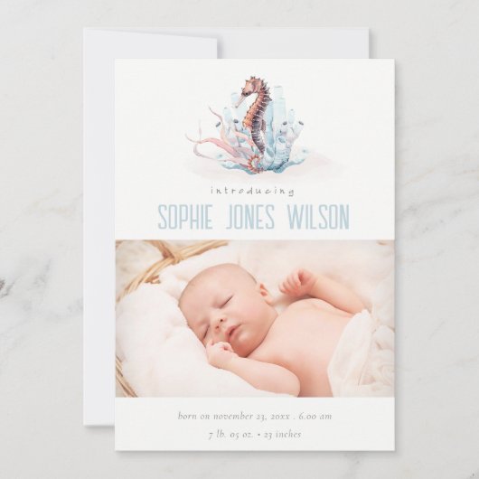 Niedliches Nautical Seepferd Foto Geburtserklärung Dankeskarte (Vorderseite)