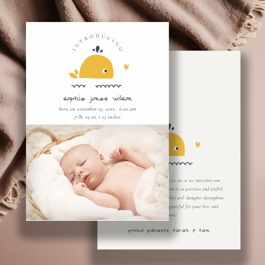 Niedliches Nautical Whale Heart Foto Geburtsankünd Dankeskarte