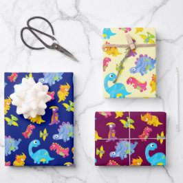 Niedliches Navy Blue, Yellow & Lila Dinosaurier Ge Geschenkpapier Set