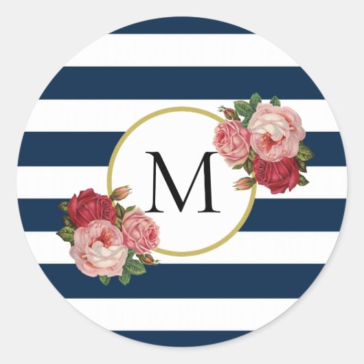 Niedliches Navy White Strip Retro Floral Monogramm Runder Aufkleber (Vorderseite)