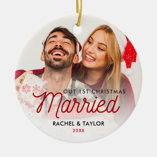 Niedliches Newlywings Foto Unser erstes Verheirate Keramik Ornament (Vorne)